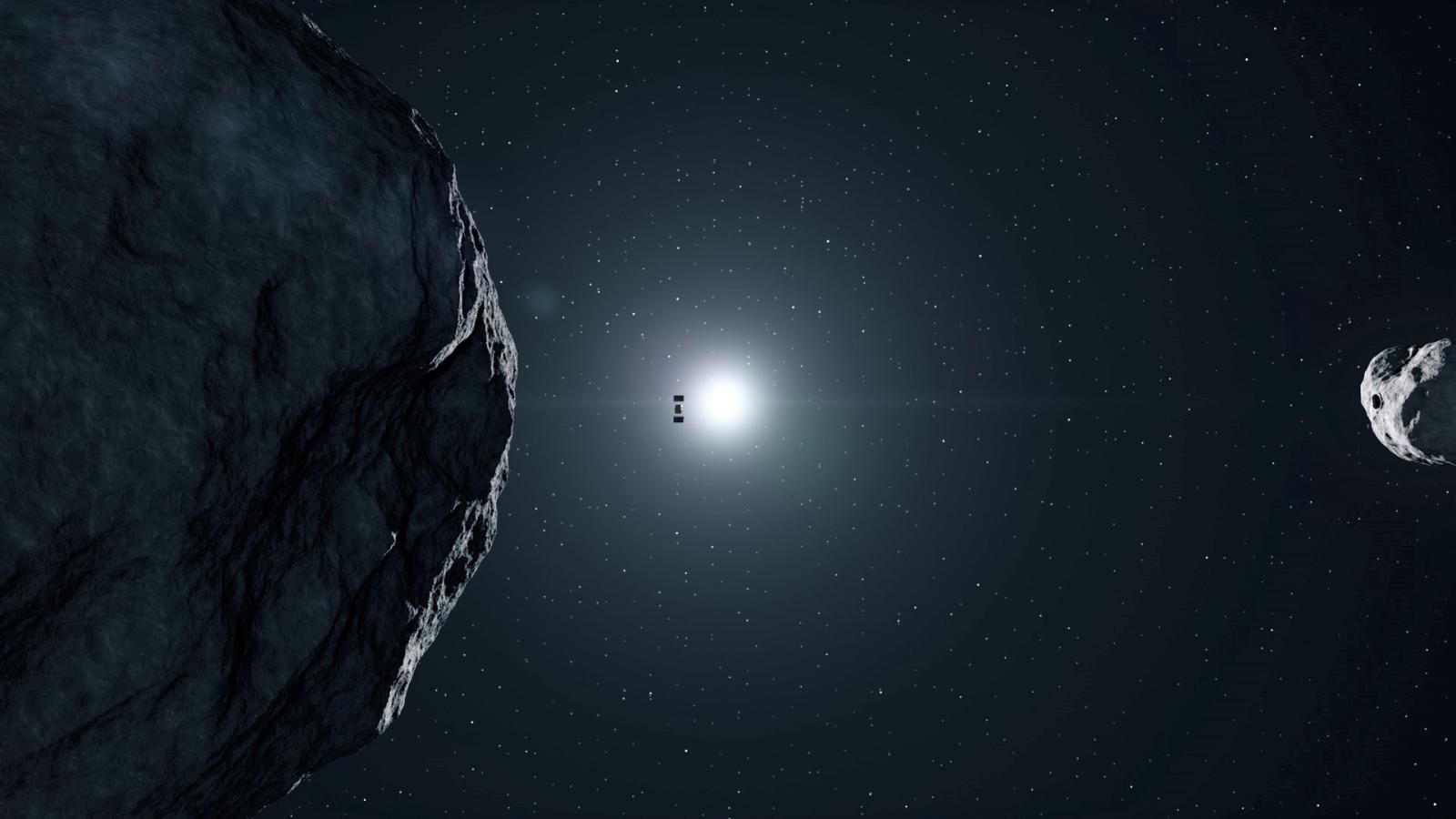 Rappresentazione artistica della sonda Hera nel sistema dell’asteroide doppio Didymos - Credits Esa